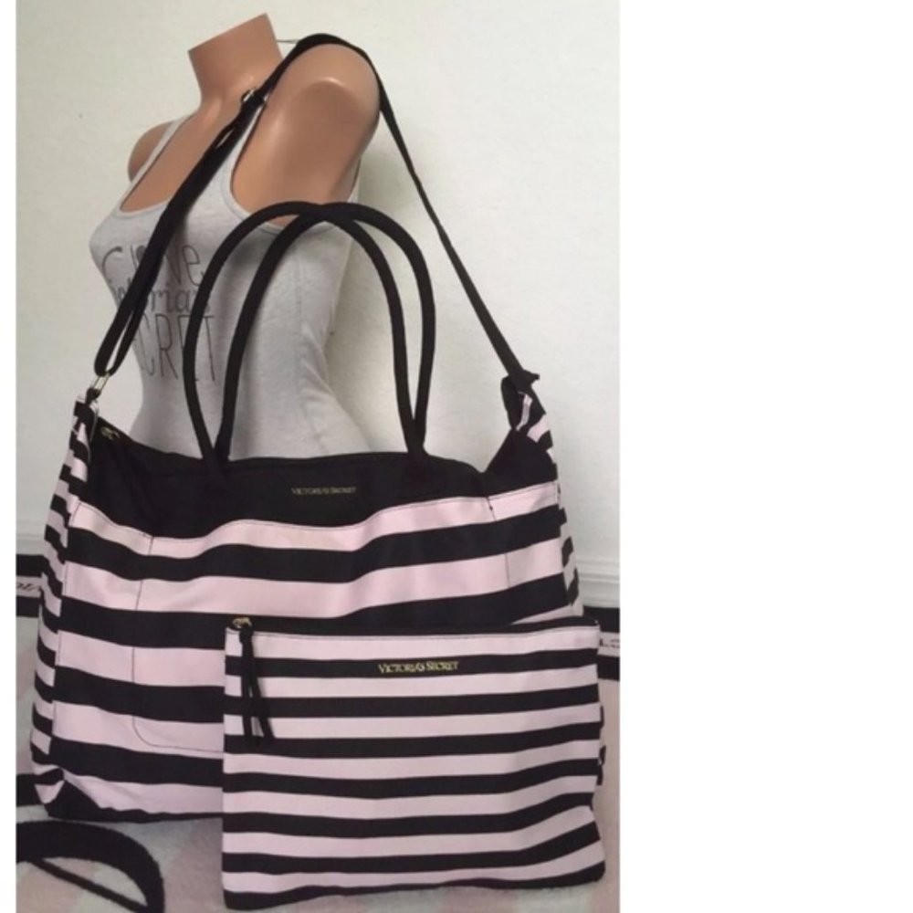VS Light Pink Black Striped Weekend Getaway Bag